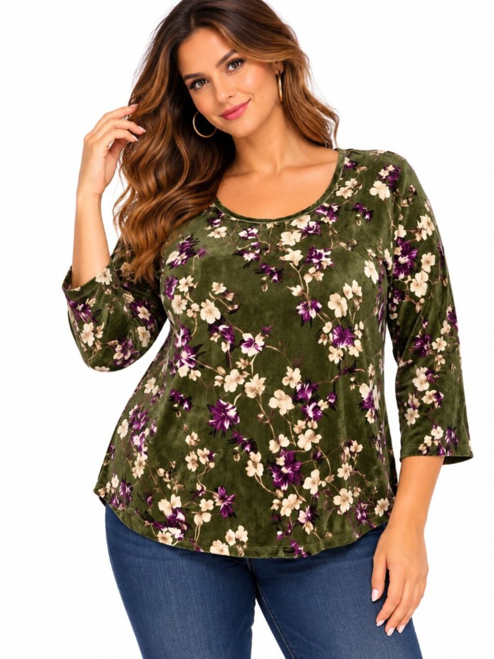 White Stag Women’s Floral Blouse Size 20 Plus Olive Purple 3/4 Sleeve Top